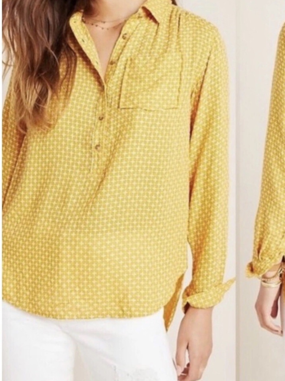 By Anthropologie Tunic Mustard Embroidered Stitch Back Button Up Shirt Size M